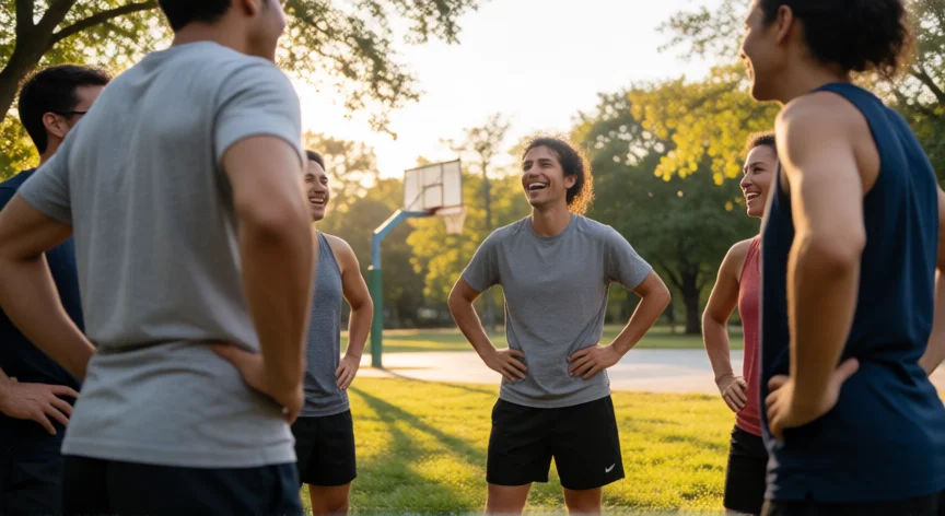 consejos para no ser timido, Grupo de amigos en una actividad deportiva al aire libre, entorno social estructurado para reducir la timidez