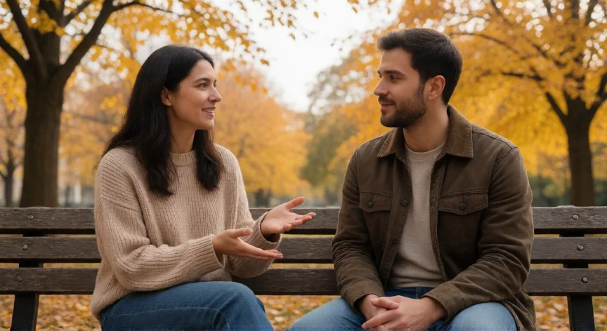 consejos para no ser toxica, Dos mujeres conversando con asertividad y empatía en un banco de parque