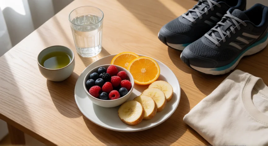 consejos para no sudar tanto, Desayuno saludable con fruta, agua y té junto a ropa deportiva sobre mesa de madera
