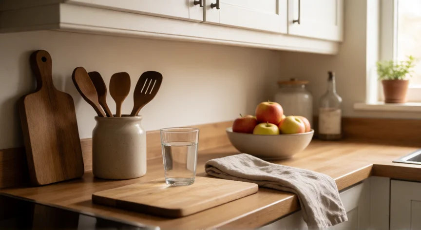 consejos para ordenar la casa, Encimera de cocina ordenada con utensilios y fruta en un cuenco
