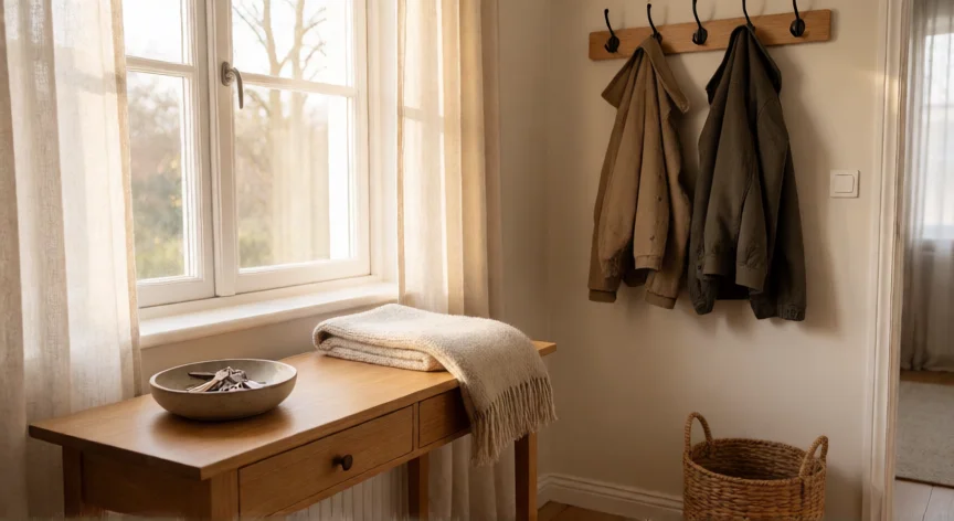 consejos para organizar la casa, Entrada ordenada con perchero, cuenco de llaves y cesta, estilo nórdico luminoso