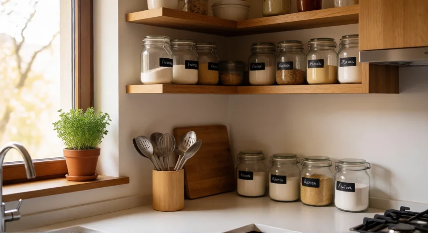 consejos para organizar la casa, Cocina organizada con tarros etiquetados, estantes de madera y especias al alcance