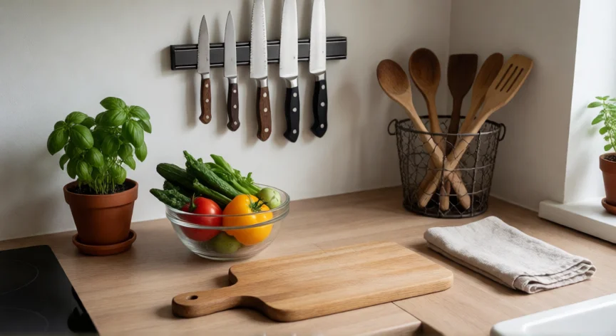 consejos para organizar una cocina, Encimera de cocina ordenada con tabla de cortar, utensilios en cesta metálica y hierbas aromáticas