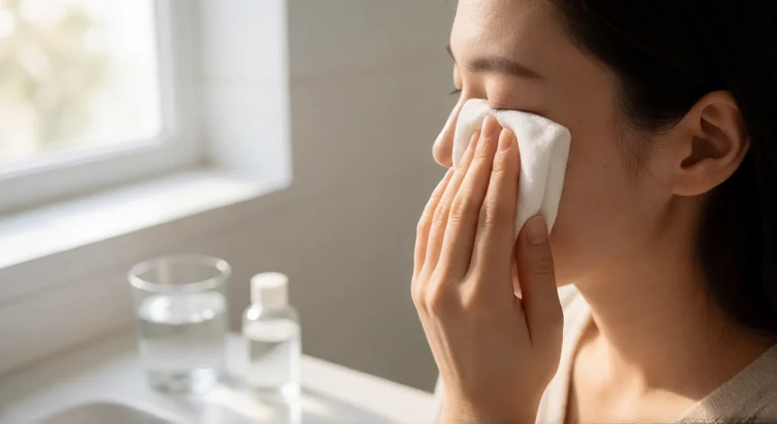 consejos para orzuelos, Mujer aplicando compresa tibia con gasa estéril sobre el párpado para tratar un orzuelo