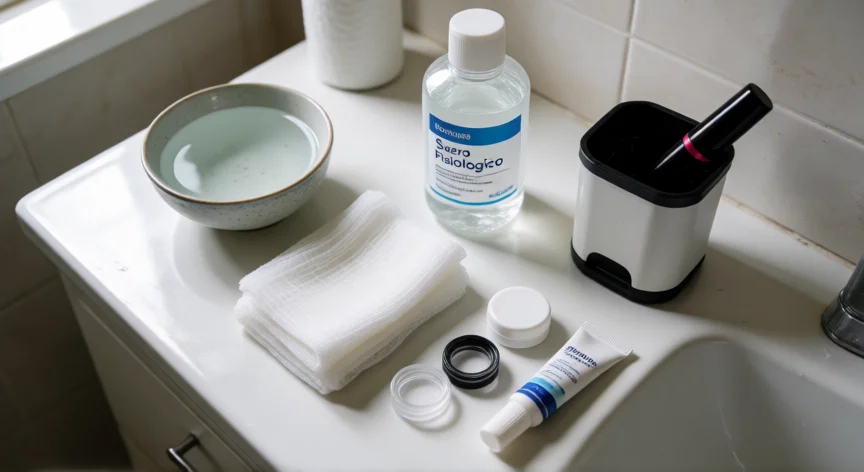 consejos para orzuelos, Productos de higiene y limpieza ocular sobre la encimera para el cuidado del orzuelo