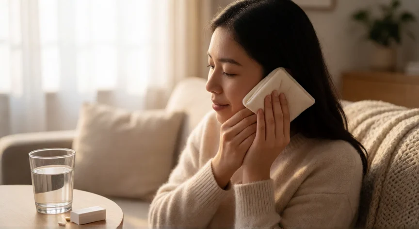 consejos para otitis, Mujer aplicando una compresa tibia en el oído para aliviar el dolor de otitis en casa