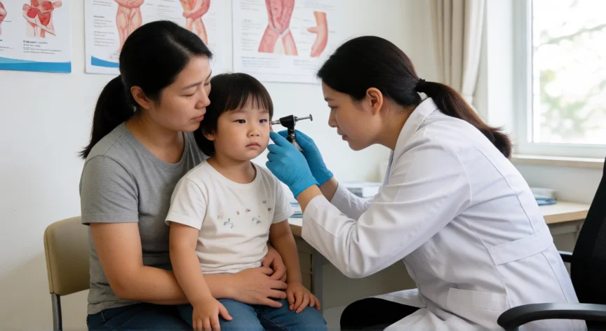 consejos para otitis, Pediatra revisando el oído de un niño con otoscopio en la consulta médica