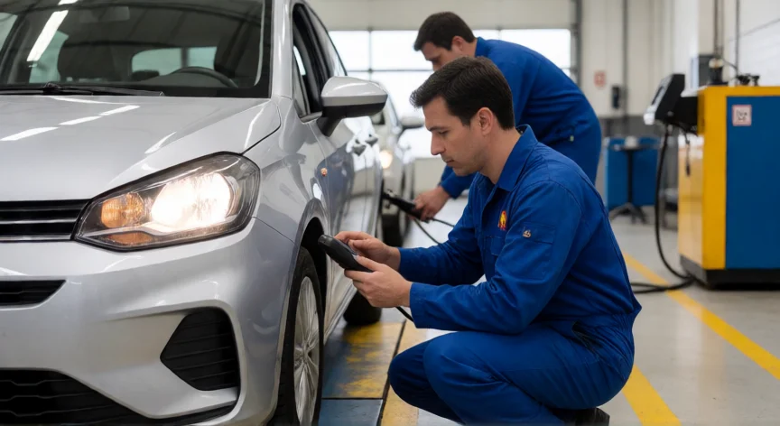 consejos para pasar la itv, Técnico revisando los faros de un coche en una estación de ITV en España
