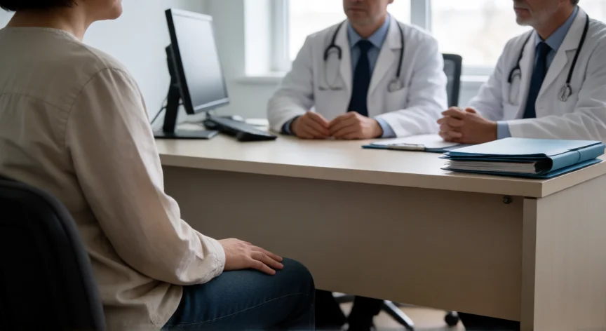 Persona en una consulta médica respirando con calma antes de una evaluación