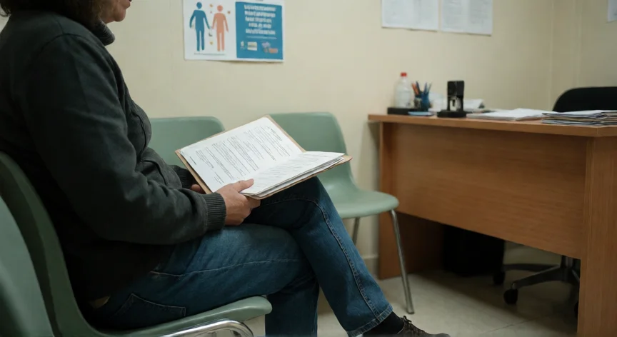 Persona en sala de espera de un centro médico con documentación en mano