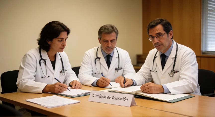 consejos para pasar tribunal médico por depresión, Sala del tribunal médico con tres doctores evaluando el expediente del paciente