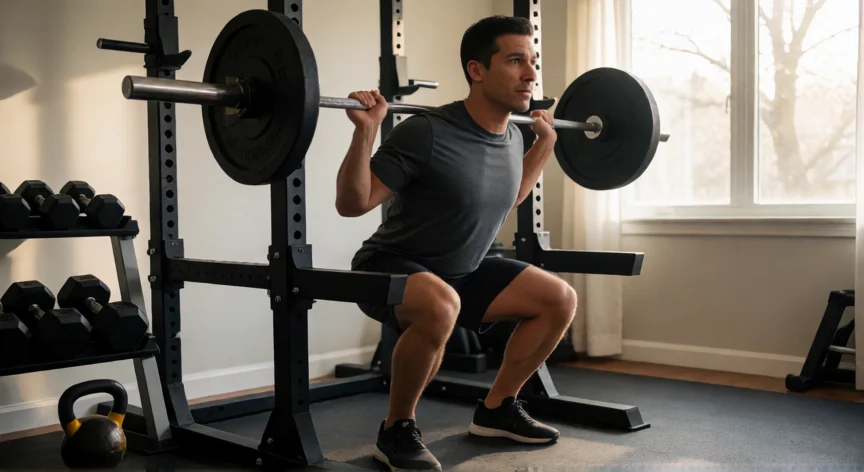 consejos para perder grasa abdominal, Hombre realizando sentadillas con barra en un gimnasio de casa para ganar fuerza