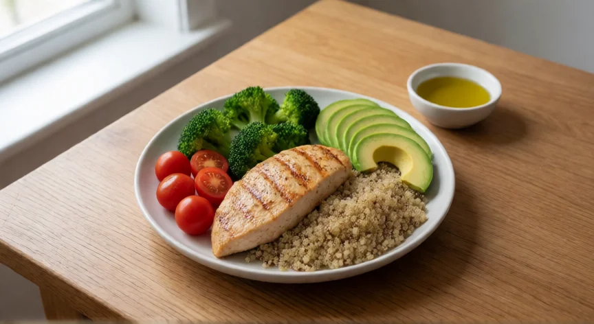Plato equilibrado con proteína, verduras, legumbres y grasas saludables para perder peso
