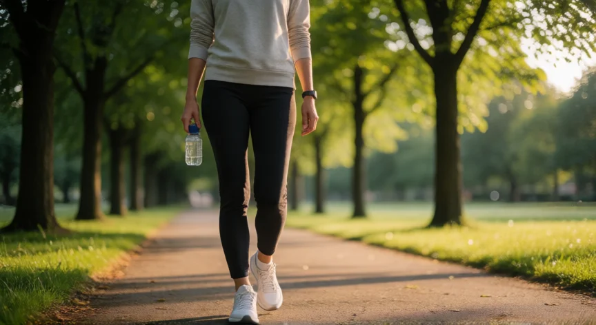 consejos para perder peso, Persona caminando por un parque en la mañana como parte de su rutina diaria de actividad física