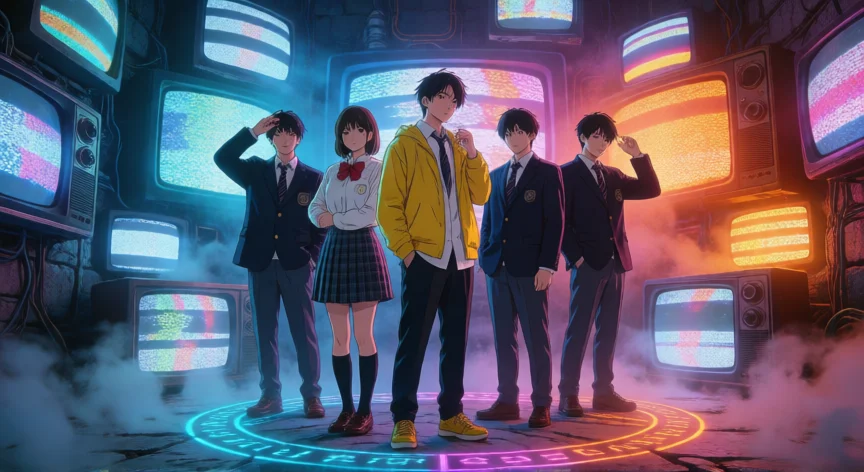consejos para persona 4 golden, Grupo de protagonistas en un dungeon de Persona 4 Golden con pantallas de TV gigantes