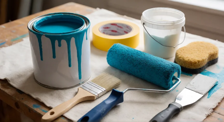 consejos para pintar una pared, Materiales de pintura organizados: rodillo, brocha, cinta, masilla y bote de pintura azul