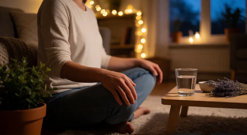consejos para poder dormir, Persona practicando respiración profunda en el salón por la noche con iluminación cálida y relajante