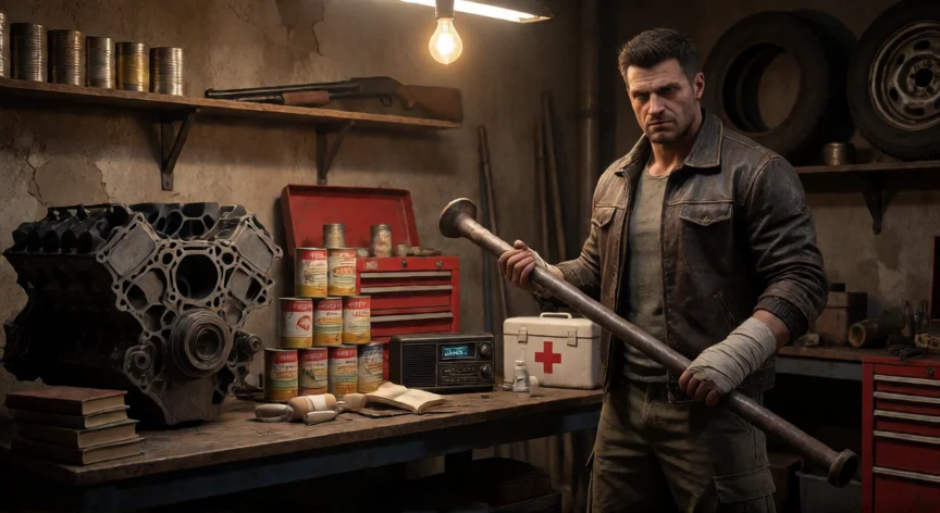 consejos para project zomboid, Sobreviviente en taller con herramientas, conservas y un bate de hierro como arma