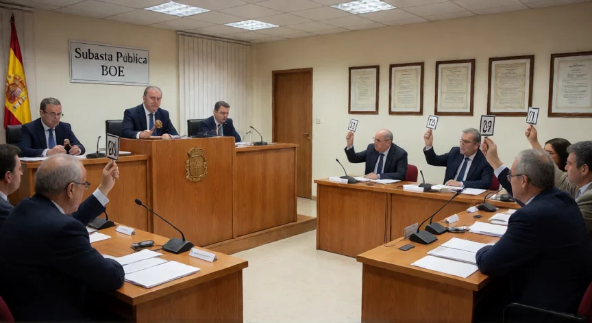 consejos para pujar en una subasta boe, Sala de subasta pública con subastador y pujadores en una dependencia oficial del BOE