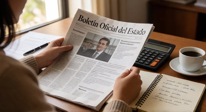 consejos para pujar en una subasta boe, Persona revisando el pliego de condiciones de una subasta BOE con calculadora y apuntes