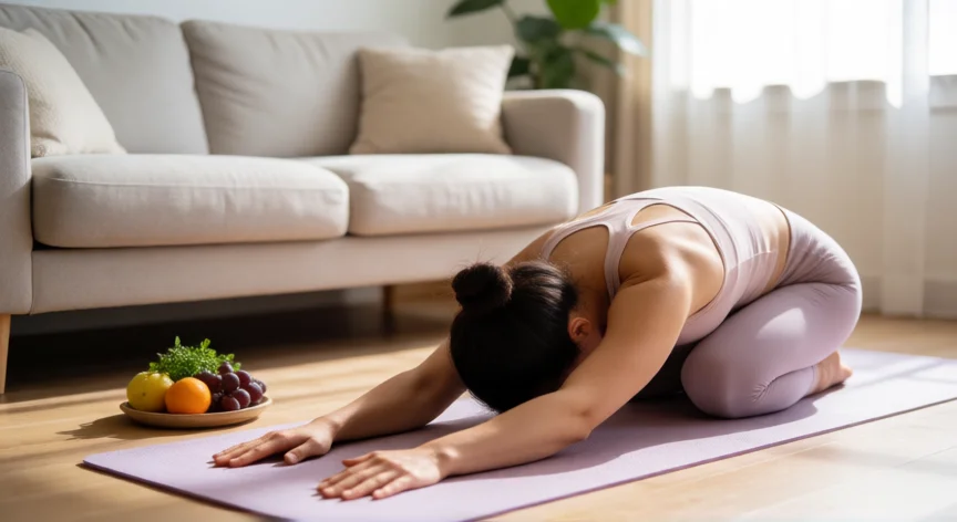 consejos para que te baje la regla, Mujer practicando yoga suave en postura del niño para favorecer la circulación pélvica y reducir el estrés