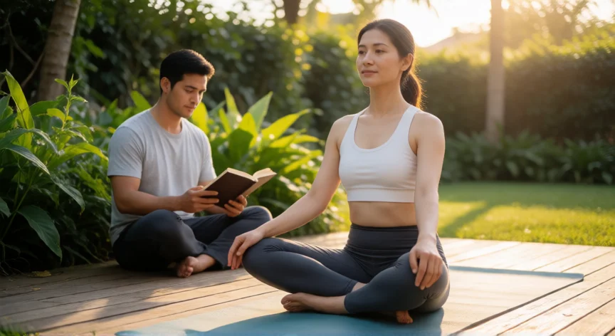consejos para quedar embarazada, Pareja haciendo ejercicio y gestionando el estrés al aire libre