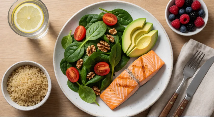 consejos para quedar embarazada a los 40, Comida saludable equilibrada con salmón, espinacas, aguacate y frutos secos sobre mesa de madera