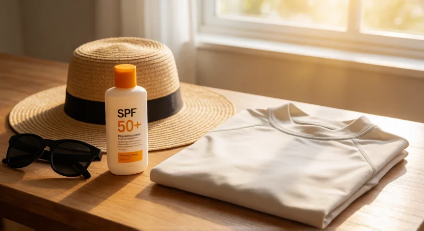 consejos para quemaduras de sol, Kit de protección solar con protector SPF 50, gorra, gafas de sol y camiseta UV