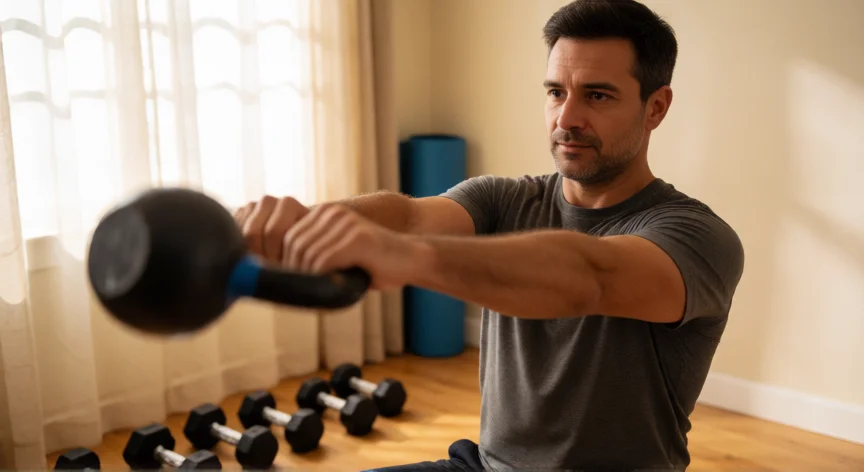 consejos para quemar grasa abdominal, Hombre entrenando con kettlebell en su gimnasio de casa