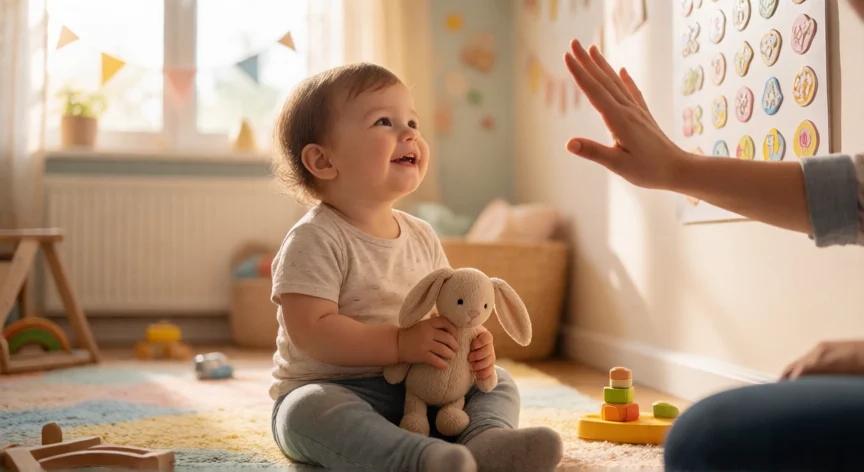 consejos para quitar el chupete, Niño de dos años con peluche y calendario de recompensas en su habitación