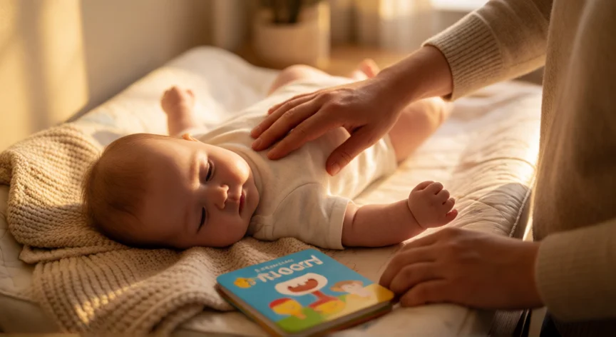 consejos para quitar el chupete, Madre dando masaje suave a su bebé como ritual de sueño alternativo al chupete