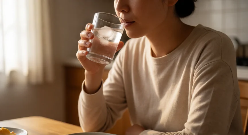 Persona bebiendo agua fría inclinada hacia adelante para quitar el hipo