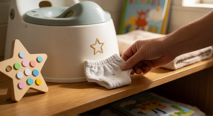 consejos para quitar el pañal, Manos de un padre colocando ropa interior infantil junto al orinal con tabla de recompensas