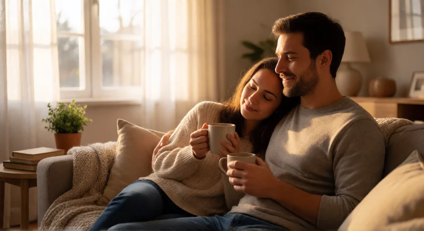 consejos para recien casados, Pareja de recién casados compartiendo un momento tranquilo en su sala de estar