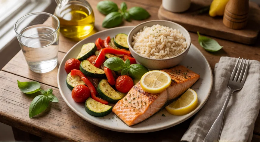 Plato mediterráneo con salmón, verduras asadas y aceite de oliva para reducir el colesterol