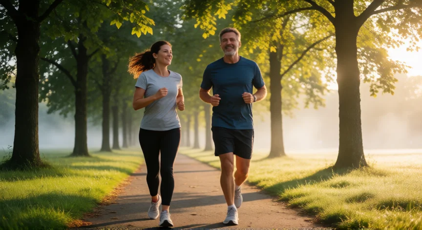 consejos para reducir el colesterol, Pareja haciendo ejercicio aeróbico al aire libre para mejorar el colesterol HDL