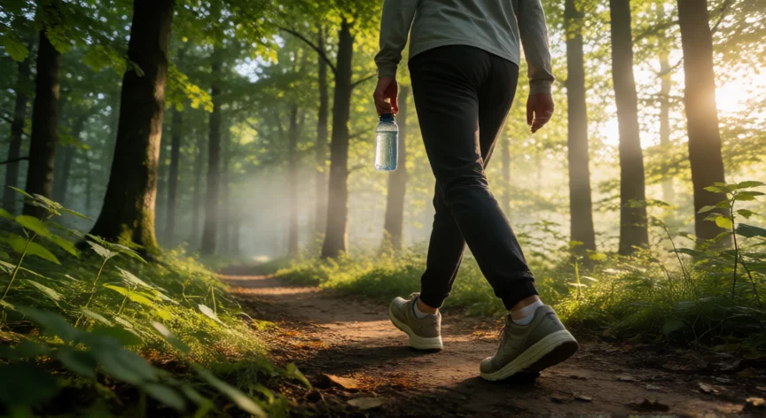 consejos para reducir la ansiedad, Persona caminando por un sendero forestal con luz de la mañana entre los árboles