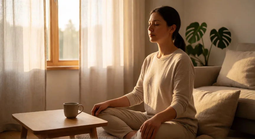 consejos para relajarse, Mujer practicando respiración diafragmática en un salón luminoso y tranquilo