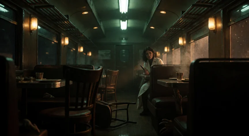 consejos para resident evil 0, Interior oscuro del vagón de comedor del Arklay Express con Rebecca Chambers escondida