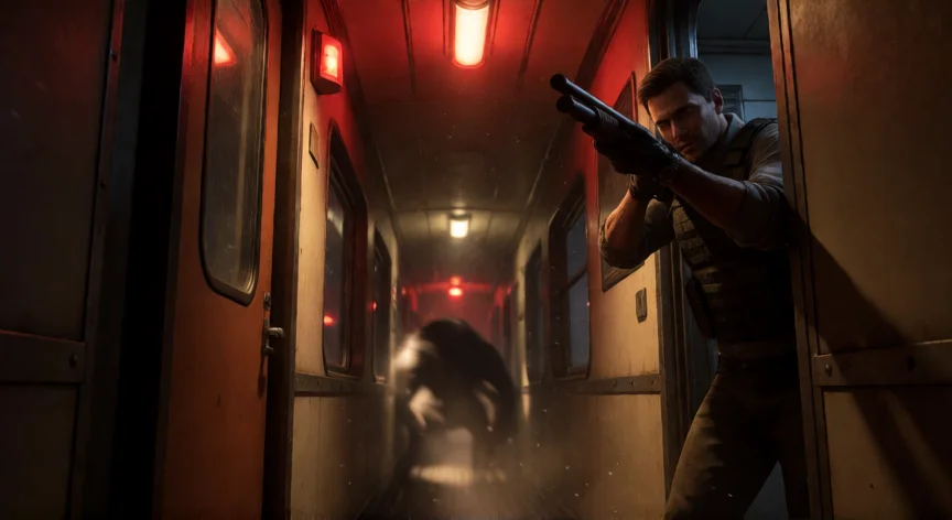 consejos para resident evil 0, Billy Coen con escopeta en un pasillo del tren con una criatura al fondo