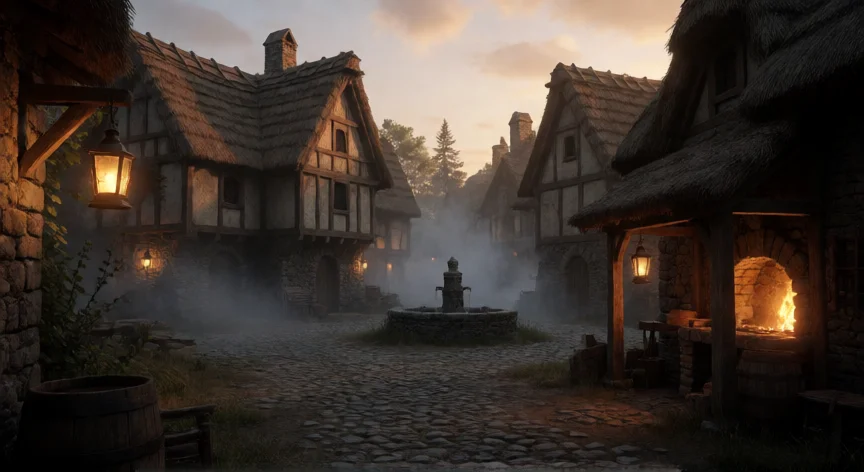 consejos para resident evil 4 remake, Pueblo medieval europeo al atardecer con ambiente de Resident Evil 4