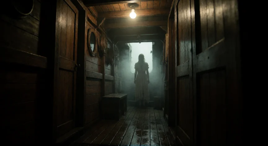 consejos para resident evil 7, Pasillo estrecho de la barca con una Momo al fondo en la penumbra