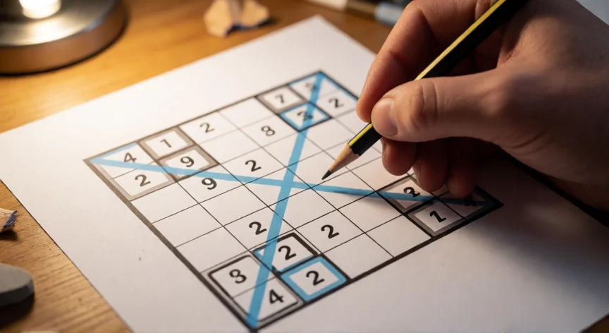 consejos para resolver murdoku, Mano resolviendo un puzzle Murdoku con lápiz sobre papel