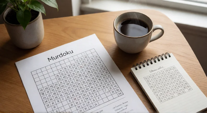 consejos para resolver murdoku, Mesa de trabajo con Murdoku resuelto y notas de candidatos