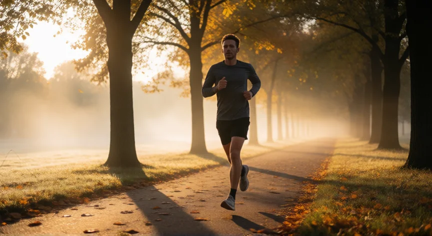 consejos para respirar mejor, Corredor practicando respiración rítmica en un parque al atardecer con postura abierta