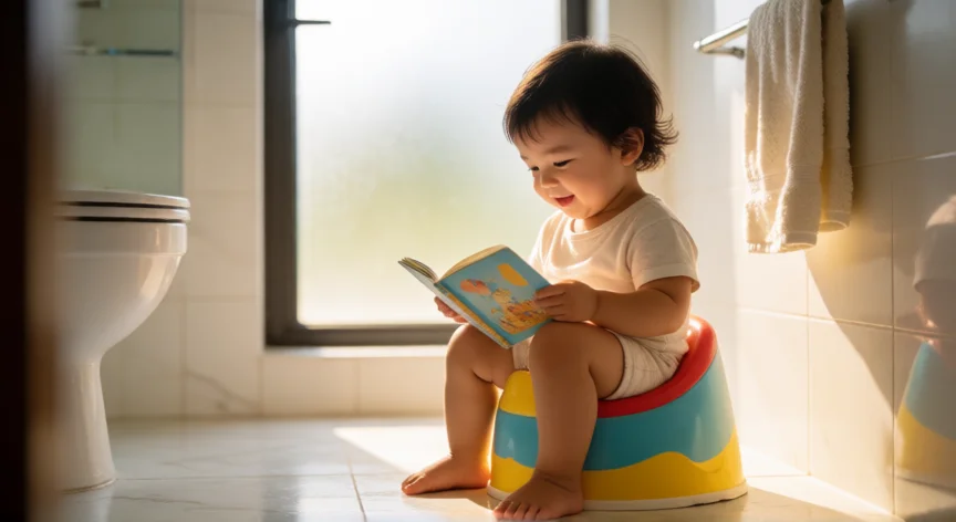 consejos para retirar el pañal, Niño pequeño sentado en un orinal de colores sonriendo en el baño mientras mira un cuento