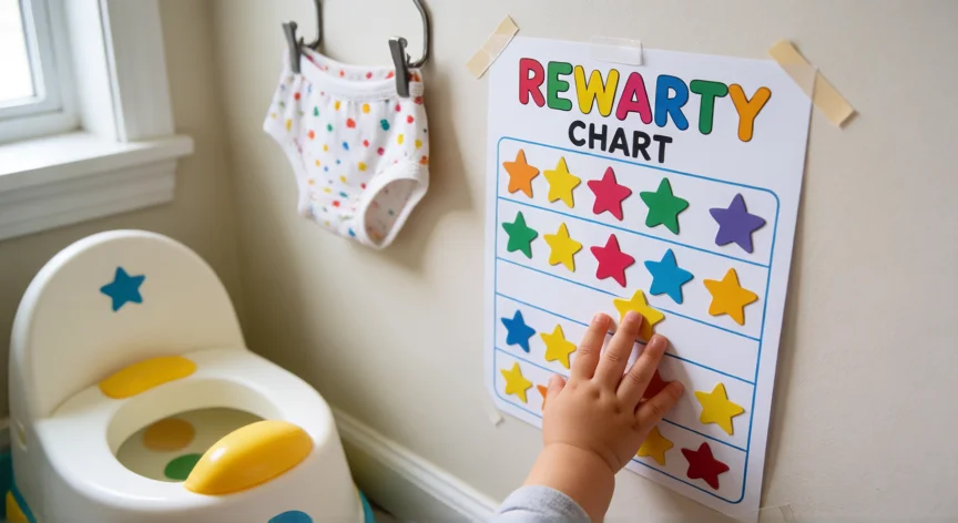 consejos para retirar el pañal, Cartel de recompensas con estrellas pegatinas en el baño para animar la retirada del pañal