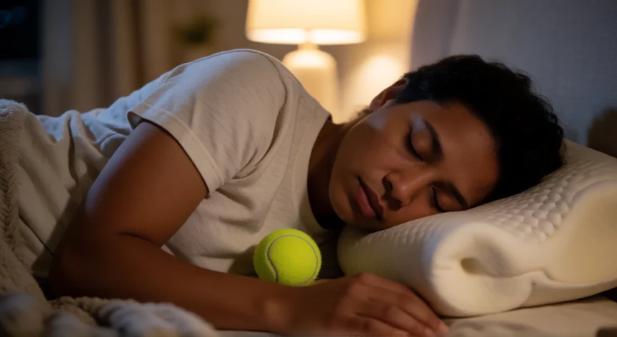 consejos para roncar menos, Persona durmiendo de lado con almohada ergonómica y pelota de tenis en la camiseta