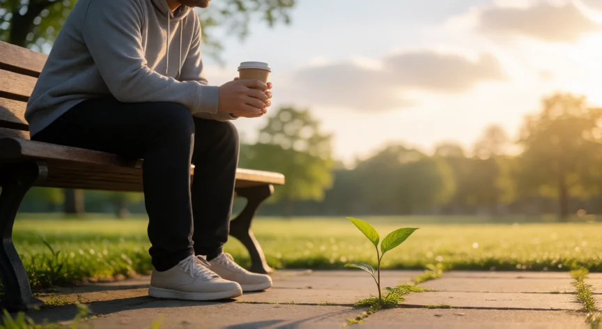 Persona en un banco de parque al amanecer observando una pequeña planta que crece entre el asfalto