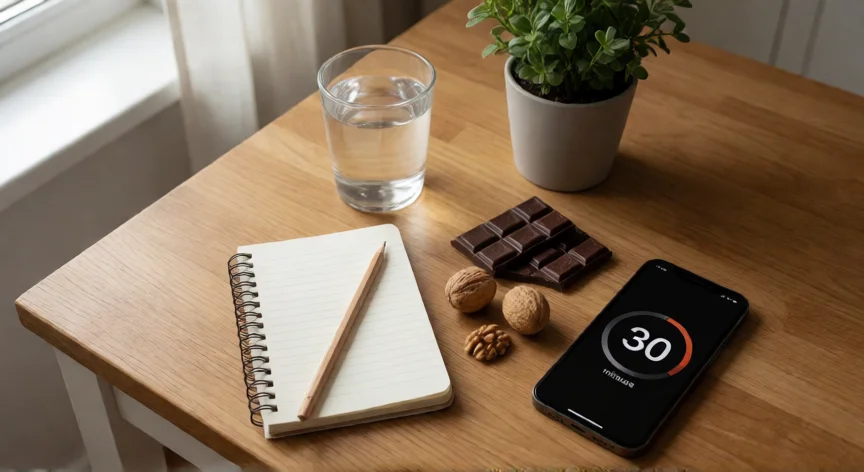 consejos para salir de la depresion, Vista cenital de una mesa con rutina de autocuidado: agua, diario, frutos secos y planta